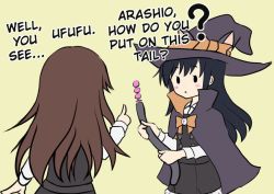 2girls ? anal_tail animal_ears arashio_(kancolle) asashio_(kancolle) black_hair black_skirt blush_stickers brown_hair butt_plug cape cat_ears cat_tail commentary_request dress fake_animal_ears fake_tail halloween halloween_costume hard-translated hat index_finger_raised kantai_collection long_hair makura_(y_makura) multiple_girls pinafore_dress pleated_skirt ribbon sex_toy shirt skirt sleeveless sleeveless_dress tail third-party_edit translated triangle_mouth white_shirt witch_hat |_| rating:Sensitive score:5 user:StolenTranslations