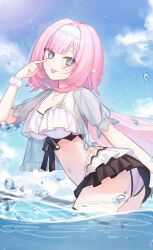  1girl absurdres ass bikini bikini_skirt blue_eyes blue_sky breasts chinese_commentary cleavage commentary_request elf elysia_(honkai_impact) elysia_(miss_pink_elf)_(honkai_impact) elysia_(summer_miss_elf)_(honkai_impact) finger_to_eye hairband highres honkai_(series) honkai_impact_3rd jacket jewelry large_breasts long_hair navel necklace official_alternate_costume outdoors partially_submerged pink_hair pointy_ears see-through_clothes see-through_jacket shell shell_necklace sky solo stomach swimsuit tongue tongue_out white_bikini white_hairband wlswlp 