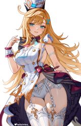  1girl aqua_eyes artist_name blonde_hair breasts cleavage commentary cowboy_shot dress english_commentary escoffier_(genshin_impact) genshin_impact hair_ornament hand_up helloimtea highres large_breasts long_hair looking_at_viewer orange_hair paid_reward_available panties parted_lips simple_background smile solo thighs twitter_username underwear very_long_hair white_background white_dress white_panties 