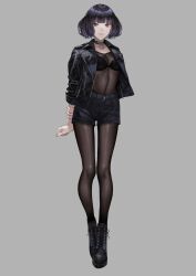  1girl black_bra boots bra choker collarbone full_body highres jacket kaoming lips medium_hair original pale_skin purple_eyes purple_hair see-through_clothes shorts simple_background skin_tight solo tokiwa_reika underwear  rating:General score:15 user:danbooru