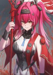  1girl armlet armor bad_id bad_twitter_id bare_shoulders bayris black_bow bodysuit bow breastplate breasts collar commentary gradient_hair hair_between_eyes hair_bow hair_intakes hair_ornament hairband highres jewelry large_breasts looking_at_viewer lupa_(wuthering_waves) metal_collar metal_hairband multicolored_hair multiple_hair_bows parted_lips pink_hair red_pupils red_sash sash smile solo tacet_mark_(wuthering_waves) twintails white_bodysuit wrist_guards wuthering_waves yellow_eyes 