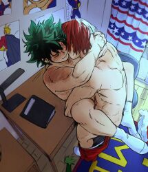  2boys anal back boku_no_hero_academia closed_eyes clothes_pull collarbone freckles from_above full_body green_hair hat highres male_focus male_penetrated midoriya_izuku multicolored_hair multiple_boys nude pants pants_pull red_hair red_pants santa_costume santa_hat scar scar_on_arm short_hair sitting sitting_on_table socks split-color_hair standing todoroki_shoto toned toned_male two-tone_hair unworn_hat unworn_headwear white_hair white_socks yaoi zazaraza33 