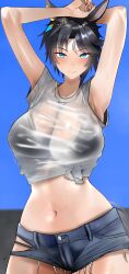  1girl absurdres ahoge alternate_costume animal_ears arms_up bikini black_bikini black_hair blue_eyes breasts cleavage commentary_request cowboy_shot denim denim_shorts ear_ornament fuji_kiseki_(umamusume) hair_between_eyes highres horse_ears horse_girl horse_tail jitome_no_tsugumi large_breasts multicolored_hair navel outdoors see-through_clothes see-through_shirt shirt short_shorts shorts solo stomach streaked_hair swimsuit tail umamusume wet wet_clothes wet_shirt white_hair 