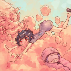  1boy 2girls black_hair blush commentary_request dress facial_hair hat houjuu_nue kumoi_ichirin multiple_girls mustache open_mouth purple_hair red_eyes short_hair sleep_mask sleeping touhou unzan yst 