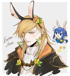  2boys :d alternate_costume anger_vein animal_ear_piercing animal_ears ares_(fire_emblem) armor ascot black_cloak blonde_hair blue_eyes blue_hair blue_scarf blush blush_stickers border character_name chibi cloak collared_cloak collared_jacket cropped_shoulders double-parted_bangs earrings easter embarrassed fake_animal_ears fire_emblem fire_emblem:_genealogy_of_the_holy_war fire_emblem_heroes flower furrowed_brow gloves grey_background grimace hair_between_eyes hair_flower hair_ornament hair_over_one_eye half-closed_eyes hanaura_02 high_collar highres jacket jewelry long_hair looking_at_viewer low_ponytail male_focus multiple_boys multiple_earrings nintendo open_mouth orange_flower outside_border parted_bangs parted_lips pauldrons pointing ponytail rabbit_ears scarf seliph_(fire_emblem) shoulder_armor side_part sidelocks smile sweatdrop v-shaped_eyebrows white_ascot white_border white_gloves wolf_cut yellow_eyes yellow_flower 