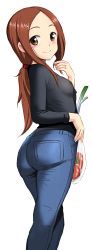 1girl absurdres age_progression ass breasts brown_hair denim food harukigenia highres jeans karakai_jouzu_no_takagi-san long_hair looking_back mature_female mature_female pants sideboob small_breasts smile solo takagi-san tomato vegetable rating:Sensitive score:194 user:Holdencfield