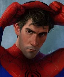 1boy absurdres black_hair blue_bodysuit bodysuit brown_eyes closed_mouth facial_hair highres looking_at_viewer male_focus marvel mask mask_lift peter_b_parker red_bodysuit short_hair shuploc solo spider-man:_across_the_spider-verse spider-man_(series) spider-verse spider_web_print superhero_costume twitter_username two-tone_bodysuit rating:General score:4 user:danbooru