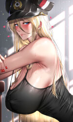  1girl absurdres armpits azur_lane bare_arms bare_shoulders bismarck_(azur_lane) black_tank_top blonde_hair blue_eyes blush breasts crossed_arms hair_between_eyes hat heart highres kome_cola large_breasts leaning_forward lips long_hair looking_at_viewer looking_to_the_side nail_polish peaked_cap red_nails sideboob solo sweat tank_top very_long_hair  rating:Sensitive score:138 user:danbooru