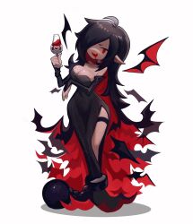  1girl ahoge alcohol ball_and_chain_restraint bat_(animal) black_dress black_gloves black_hair breasts cleavage colored_inner_hair commentary cup dress drinking_glass drooling gloves highres holding holding_cup large_breasts long_dress looking_at_viewer multicolored_hair open_mouth original pointy_ears red_eyes saliva side_slit simple_background skullsideart solo standing strapless strapless_dress symbol-only_commentary vampire wine wine_glass 