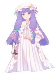  1girl akagashi_hagane aqua_ribbon arm_at_side book bow bun_cover closed_mouth crescent crescent_hat_ornament dress hair_ribbon hand_on_own_stomach hat hat_ornament highres holding holding_book long_hair long_sleeves looking_at_viewer mob_cap multicolored_dress patchouli_knowledge pink_hat purple_dress purple_eyes purple_hair purple_ribbon ribbon simple_background solo striped_clothes striped_dress touhou two-tone_dress vertical-striped_clothes vertical-striped_dress white_background white_dress 
