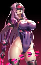  1girl absurdres android black_background black_thighhighs breasts cleavage covered_eyes covered_navel cowboy_shot elbow_gloves exs-slave exs-slave_alpha gloves gradient_background hair_intakes head-mounted_display highleg highleg_leotard highres holding holding_sword holding_weapon katsuragi_marina kouyoku_senki_exs-tia large_breasts leotard long_hair miyashiro_ryuutarou open_mouth pink_hair purple_gloves purple_hair purple_leotard shrug_(clothing) skin_tight skindentation smile solo standing sword teeth thighhighs thighs upper_teeth_only very_long_hair weapon 