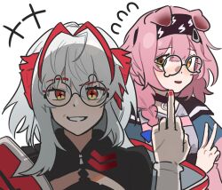  +++ 2girls animal_ears antenna_hair arknights bespectacled black_choker black_hairband black_shirt blush braid cat_ears cat_girl choker commentary demon_girl demon_horns flying_sweatdrops glasses goldenglow_(arknights) grey_hair grey_jacket grin hair_ornament hairband hairclip hand_up highres horns jacket lightning_bolt_print long_hair looking_at_viewer middle_finger multicolored_jacket multiple_girls nail_polish open_clothes open_jacket parted_lips pink_hair pink_jacket portrait raised_eyebrow red_eyes red_jacket red_nails round_eyewear shirt side_braid simple_background smile symbol-only_commentary teardrop-framed_glasses two-tone_jacket v w_(arknights) white_background wis&#039;adel_(arknights) wwfo_2 yellow_eyes 