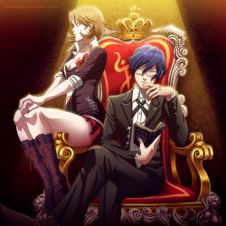  1boy 1girl blue_eyes blue_hair book boots breasts cleavage cosplay crossed_legs danganronpa:_trigger_happy_havoc danganronpa_(series) diana_vigo enoshima_junko enoshima_junko_(cosplay) glasses hands_on_knee hatoko-sama ishida_akira ishida_akira_(voice_actor) jewelry lace-up_boots megami_tensei miniskirt nail_polish necklace open_book pearl_necklace persona persona_3 plaid_clothes plaid_skirt reading semi-rimless_eyewear shin_megami_tensei short_hair sitting skirt takeba_yukari throne togami_byakuya togami_byakuya_(cosplay) toyoguchi_megumi under-rim_eyewear v_arms voice_actor_connection watermark web_address yuuki_makoto_(persona_3) 
