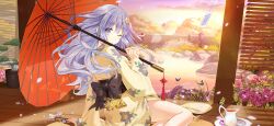  1girl blue_eyes blue_hair bonsai breasts bug butterfly date_a_live date_a_live:_spirit_pledge falling_petals fence flower game_cg hair_ornament insect izayoi_miku japanese_clothes kimono long_hair looking_at_viewer medium_breasts obi official_alternate_costume official_art on_floor one_eye_closed petals rock sash shadow solo sunset teapot third-party_source tree umbrella wooden_fence yellow_kimono 