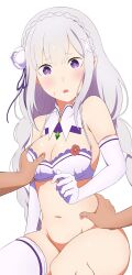  1girl absurdres bare_shoulders breasts cleavage coro_fae emilia_(re:zero) flower gloves grabbing_another&#039;s_breast groping hair_flower hair_ornament hair_ribbon highres long_hair looking_at_viewer medium_breasts midriff navel pointy_ears purple_eyes purple_ribbon re:zero_kara_hajimeru_isekai_seikatsu ribbon solo stomach thighhighs white_flower white_hair  rating:Questionable score:117 user:danbooru