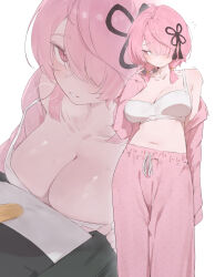 1boy 1girl absurdres ahoge averting_eyes bra breast_press breasts cleavage hair_over_one_eye highres looking_at_viewer male_rover_(wuthering_waves) medium_breasts medium_hair midriff multiple_views open_pajamas out_of_frame pajamas pants pink_eyes pink_hair pink_pajamas pink_pants pov projected_inset rover_(wuthering_waves) taoqi_(wuthering_waves) underwear white_bra wuthering_waves xaea_xp rating:Sensitive score:59 user:danbooru