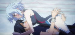  10s 1boy 1girl black_hair blue_hair blush breast_smother breasts couple girl_on_top hetero infinite_stratos leotard looking_at_another lying on_back orimura_ichika red_eyes sarashiki_tatenashi screencap short_hair sleeveless sleeveless_turtleneck smile surprised thighhighs turtleneck wristband  rating:Questionable score:57 user:AC89