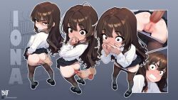  1boy 1girl absurdres anal annoyed anus artist_name ass black_pantyhose black_shoes black_skirt blush bookshelf border breasts brown_eyes brown_hair clenched_teeth clothes_pull commentary constricted_pupils covered_erect_nipples covering_own_mouth crotch_seam disembodied_penis english_commentary foreshortening grey_border hair_between_eyes hetero highres imminent_anal imminent_penetration iona_(nayt_layt) kneehighs loli long_hair long_sleeves looking_at_viewer looking_back mary_janes multiple_views nayt_layt nose_blush original outline outside_border panties panty_pull pantyhose pantyhose_pull penis pigeon-toed pussy pussy_juice sex shiny_skin shirt shoes signature skirt small_breasts socks solo_focus sweat teeth twitter_username twitter_x_logo uncensored underwear watermark web_address white_outline white_panties white_shirt wide-eyed 