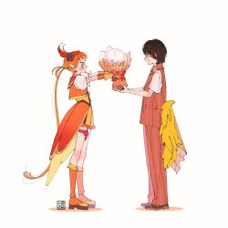  2boys aoi_tete black_hair boots bouquet closed_eyes closed_mouth coattails commentary cropped_jacket cure_wing earrings flower frilled_shorts frills from_side giving gloves happy_tears hat highres hirogaru_sky!_precure holding holding_bouquet holding_microphone jacket jewelry knee_boots layered_gloves leg_ribbon long_hair looking_at_another magical_boy male_focus microphone mini_hat mini_top_hat multiple_boys murase_ayumu open_mouth orange_boots orange_gloves orange_hair orange_jacket orange_pants orange_shorts orange_vest pants precure puffy_short_sleeves puffy_sleeves real_life red_eyes ribbon shirt short_hair short_shorts short_sleeves shorts simple_background smile standing tearing_up tears tilted_headwear top_hat vest voice_actor_connection white_background white_shirt yuunagi_tsubasa 