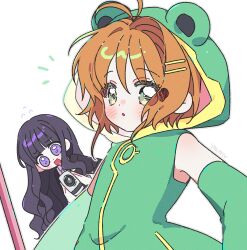  2girls animal_costume antenna_hair artist_name bare_shoulders black_hair blunt_bangs blush brown_hair camcorder camera cardcaptor_sakura cardcaptor_sakura_clear_card_arc daidouji_tomoyo detached_sleeves flying_sweatdrops frog_costume green_eyes green_sleeves grey_outline hair_ornament hairclip highres holding holding_camera hood hood_up kinomoto_sakura kinomoto_sakura_(frog) long_hair multiple_girls open_mouth outline parted_lips purple_eyes short_hair video_camera yalmyu 