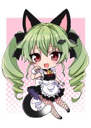  1girl absurdres airi_(akamichiaika) alternate_costume anchovy_(girls_und_panzer) animal_ears bell black_bow blush bow brown_eyes cat_ears cat_tail chibi drill_hair enmaided fake_animal_ears fake_tail fishnet_pantyhose fishnets girls_und_panzer green_hair hair_bow highres long_hair looking_at_viewer maid neck_bell open_mouth pantyhose smile solo tail twin_drills wrist_cuffs  rating:General score:3 user:danbooru