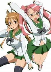 2girls ahoge arms_up breasts brown_eyes brown_hair glasses highschool_of_the_dead komatsu_(sakanae) large_breasts miyamoto_rei multiple_girls navel open_mouth pink_hair ponytail school_uniform takagi_saya thighhighs twintails rating:Sensitive score:44 user:danbooru