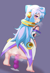  10s 1boy anal anal_object_insertion anus ass barefoot blue_eyes blue_hair cupala_(8492ace) feet full_body hacka_doll hacka_doll_3 hair_ornament heavy_breathing long_hair looking_at_viewer looking_back male_focus male_penetrated masturbation matching_hair/eyes object_insertion open_mouth sex_toy shota simple_background solo squatting trap uncensored 