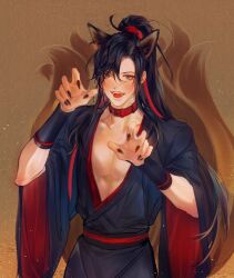  1boy absurdres ahoge animal_collar animal_ears arm_guards bishounen black_hair black_hanfu black_nails blush chinese_clothes claw_pose collar collarbone extra_ears fangs fingernails fox_boy fox_ears fox_tail grey_eyes hair_ribbon hands_up hanfu high_ponytail highres kemonomimi_mode kitsune korean_commentary kyuubi long_hair looking_at_viewer male_focus modao_zushi multiple_tails nail_polish niken_(niken_ouo) open_mouth pectoral_cleavage pectorals ponytail red_collar red_ribbon ribbon robe sash sharp_fingernails sidelocks smile solo tail tongue wei_wuxian wide_sleeves 