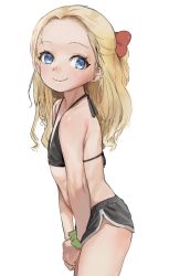 1girl absurdres bikini bikini_top_only black_bikini black_shorts blonde_hair blue_eyes blush bow closed_mouth commentary_request copyright_request dolphin_shorts dorontabi ear_piercing eyebrow_piercing face_piercing flat_chest forehead from_side hair_bow halterneck highres loli long_hair looking_at_viewer looking_to_the_side piercing red_bow scrunchie short_shorts shorts simple_background smile solo standing swimsuit white_background wrist_scrunchie rating:Sensitive score:459 user:danbooru