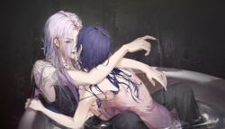  2girls absurdres alcohol076 alternate_hair_length alternate_hairstyle animal_ears arm_tattoo arms_around_neck bare_arms bathtub between_legs black_pants black_tank_top camisole chief_(path_to_nowhere) chinese_commentary clothed_bath commentary_request condensation ear_piercing female_chief_(path_to_nowhere) gradient_hair grey_hair grey_lips highres imminent_kiss indoors long_hair looking_at_another multicolored_hair multiple_girls pants parted_lips partially_submerged path_to_nowhere piercing pink_camisole purple_hair same-sex_bathing shared_bathing shirt shoulder_tattoo tank_top tattoo wet wet_clothes wet_shirt yuri zoya_(path_to_nowhere)  rating:Sensitive score:2 user:danbooru