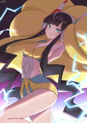  1girl armpits bare_shoulders black_hair blue_eyes blunt_bangs blush breasts closed_mouth coat collarbone dress elesa_(pokemon) fur_coat fur_jacket headphones highres jacket long_hair looking_at_viewer low_neckline medium_breasts mochitaro_(mothitaroo) navel nintendo pokemon pokemon_bw pokemon_bw2 short_hair short_hair_with_long_locks sidelocks sleeveless smile solo yellow_coat yellow_dress yellow_jacket 