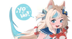  1girl animal_ear_fluff animal_ears blonde_hair blue_eyes blue_hair blue_sailor_collar cat_ears crab halterneck highres hottodg indie_virtual_youtuber lifebuoy_hair_ornament long_hair low_twintails multicolored_hair one_side_up open_mouth sailor_collar sameko_saba simple_background solo speech_bubble streaked_hair twintails upper_body virtual_youtuber white_background 