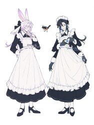  2boys alternate_species animal animal_ears apron bird black_dress black_hair bow crossdressing crossdressing_(mtf) dress extra_arms full_body gradient_hair hair_bow heart heart_hands highres long_hair looking_at_viewer maid maid_apron maid_headdress male_focus multicolored_hair multiple_boys original pointy_ears purple_eyes purple_hair rabbit_boy rabbit_ears shuini_xiaomao simple_background skirt_hold standing white_background white_hair 