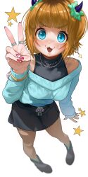 1girl :3 absurdres bare_shoulders blonde_hair blue_eyes blunt_bangs blush breasts ch1ckpyo fang highres jewelry medium_breasts memcho multiple_rings nail_polish oshi_no_ko ring skirt solo sweatdrop v 