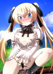  1girl bar_censor black_boots black_ribbon blonde_hair blue_eyes blush boots breasts censored collared_shirt dress frilled_dress frilled_shirt_collar frilled_sleeves frills frown hair_ribbon highres kakeru_(bar_peachpit) kupaa lace lace_ribbon lace_trim long_hair long_sleeves meadow medium_breasts mountain naked_dress neck_ribbon nipples open_clothes outdoors petite presenting presenting_pussy pussy ribbon ringo_mizzgal shirt sitting sky solo spread_legs spread_pussy spreading_own_pussy sweat tenkuu_no_tobira thighs twintails white_dress wide_sleeves 