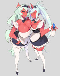  2girls alternate_costume apron black_dress blue_hair bottle breasts colored_skin demon_girl dress enmaided fang frilled_apron frilled_dress frills glasses green_eyes green_hair highres holding horns kneesocks_(psg) large_breasts long_hair looking_at_viewer maid maid_apron maid_headdress mayana_(bbpp) medium_breasts multiple_girls open_mouth panty_&amp;_stocking_with_garterbelt pointy_ears ponytail puffy_sleeves red_skin scanty_(psg) siblings simple_background single_horn sisters skirt smile spray_bottle thighhighs waist_apron white_apron white_hair wrist_cuffs yellow_eyes 