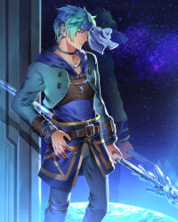  1boy blue_eyes green_hair holding holding_polearm holding_weapon hoshi_wo_miru_hito male_focus night night_sky polearm shiba_(hoshi_wo_miru_hito) short_hair sky smile solo spear stargazer_(series) sunakumo weapon window 
