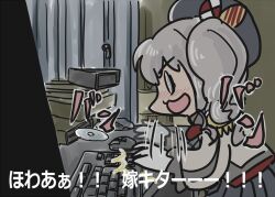  1girl @_@ afterimage angry_german_kid beret cd computer_keyboard computer_mouse cowboy_shot epaulettes ferret-san frilled_sleeves frills gloves grey_hair grey_skirt hat jacket kantai_collection kashima_(kancolle) military_jacket military_uniform neckerchief open_mouth red_neckerchief skirt solo translation_request twintails wavy_hair white_gloves 