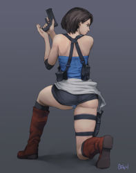 1girl ass back bare_shoulders black_hair black_skirt black_socks blue_eyes boots brown_boots capcom casual commentary elbow_pads english_commentary finger_on_trigger from_behind full_body grey_background gun handgun holding holding_gun holding_weapon holster jill_valentine knee_boots kneehighs looking_to_the_side miniskirt on_one_knee ozkh panties pantyshot pistol reloading resident_evil resident_evil_3:_nemesis short_hair shoulder_holster skindentation skirt sleeveless socks solo strapless thigh_holster tube_top underwear weapon white_panties rating:Sensitive score:96 user:danbooru