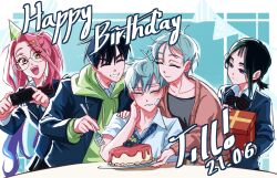  2boys 3girls alien_stage birthday birthday_cake black_hair black_shirt blue_hair blue_jacket blue_necktie brown_cardigan cake cardigan cellphone character_name closed_eyes collared_shirt commentary dated english_commentary food fork gift glasses green_hoodie grey_hair happy_birthday hat highres holding holding_fork holding_gift holding_phone hood hoodie io_(alien_stage) ivan_(alien_stage) jacket jacket_over_hoodie kuradrawings long_hair low_ponytail mizi_(alien_stage) multicolored_hair multiple_boys multiple_girls necktie official_alternate_costume open_mouth party_hat phone pink_hair ponytail purple_eyes round_eyewear school_uniform shirt short_hair smartphone smile sua_(alien_stage) till_(alien_stage) two-tone_hair very_long_hair very_short_hair white_shirt yellow_eyes 