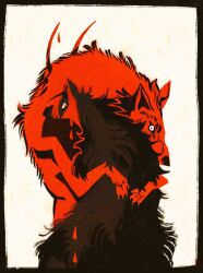  ba1laur black_border black_sclera blood border chirin chirin_no_suzu colored_sclera forward-facing_horns horns impaled inset_border limited_palette no_humans sheep white_background white_eyes wolf woo_(chirin_no_suzu) yellow_eyes 