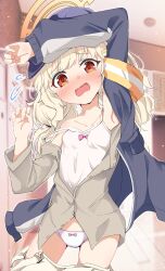 1girl aoba_(blue_archive) arm_up armband armpits blonde_hair blue_archive blue_jacket blush bow bow_panties breasts camisole embarrassed eyebrows_hidden_by_hair flying_sweatdrops grey_shirt halo highres jacket kon_cry loli long_hair looking_at_viewer open_mouth orange_eyes panties shirt small_breasts solo strap_slip underwear white_camisole white_panties yellow_armband yellow_halo rating:Sensitive score:34 user:danbooru