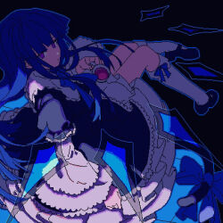  1girl black_dress black_shoes blue_hair blue_ribbon blunt_bangs chinese_commentary commentary_request cup dress expressionless frederica_bernkastel hime_cut holding holding_cup lizeyan_(cpj) long_hair long_sleeves lowres neck_ribbon petticoat pixel_art ribbon shoes sitting socks solo tea teacup umineko_no_naku_koro_ni white_socks wide_sleeves  rating:General score:3 user:danbooru
