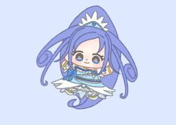  1girl absurdly_long_hair blue_background blue_brooch blue_dress blue_eyes blue_hair blue_hairband blue_theme boots bracelet brooch chibi choker closed_mouth cure_diamond curly_hair diamond_earrings dokidoki!_precure dot_nose dress earrings eyelashes feather-trimmed_dress feather-trimmed_sleeves feather_trim gold_bracelet hairband happy heart heart_brooch high_ponytail hishikawa_rikka ichigo_usuhana jewelry knee_boots light_blush long_dress long_hair looking_at_viewer magical_girl miniskirt outstretched_arms ponytail precure short_sleeves simple_background skirt skirt_under_dress smile solo tareme very_long_hair white_boots white_skirt white_sleeves yellow_choker 