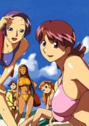 5girls ^_^ asuka_minori bag beach bent_over bikini breasts chair cirima closed_eyes cloud day closed_eyes fujiwara_reiko harukaze_haruka head_tilt jacket large_breasts long_hair looking_at_viewer lounge_chair mature_female multiple_girls ojamajo_doremi okamura_atsuko orange_eyes orange_hair outdoors purple_eyes purple_hair red_eyes red_hair segawa_miho short_hair sideboob sitting sky smile sports_bikini sweat swimsuit tan towel volvox wet rating:Questionable score:32 user:danbooru