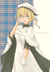  1girl absurdres blonde_hair blush breasts capelet cowboy_shot dress glasses gloves hat highres i-8_(christmas)_(kancolle) i-8_(kancolle) kantai_collection large_breasts long_hair looking_at_viewer low_twintails pot-de red-framed_eyewear ribbon smile solo twintails white_dress white_gloves 