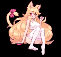  1girl ^_^ animal_ears animated animated_gif artist_name blinking blonde_hair breasts cat_ears cat_girl cat_tail closed_eyes commission cropped_shirt doosio heart heart_in_eye lowres medium_breasts original pixel_art red_eyes shirt sitting sleeveless sleeveless_shirt smile soles solo symbol_in_eye tail thighhighs tongue tongue_out transparent_background white_shirt white_thighhighs winking_(animated)  rating:Sensitive score:36 user:danbooru