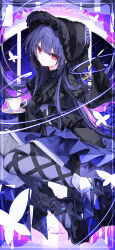  1girl absurdres black_bow black_dress black_gloves black_shoes bow character_request cup dress frills gloves gold_spoon gosick goth_fashion gothic_lolita headdress highres holding holding_plate holding_spoon lace leg_ribbon lolita_fashion looking_at_viewer matagi_14 plate purple_hair red_eyes ribbon shoes spoon 