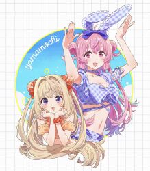  2girls :3 ahoge animal_ears aqua_background bandeau blonde_hair blue_background blush border bow bun_cover circle_name commentary_request cropped_torso cursive detached_sleeves double_bun fake_animal_ears gradient_background hair_bow hair_bun hair_intakes hands_on_own_cheeks hands_on_own_face highres long_hair multiple_girls navel open_mouth orange_bow orange_scrunchie original outside_border pink_eyes pink_hair plaid_bow puffy_detached_sleeves puffy_short_sleeves puffy_sleeves purple_bandeau purple_bow purple_eyes rabbit_ears rabbit_pose round_border scrunchie short_sleeves tokira_nozumi triangle_mouth upper_body very_long_hair wrist_scrunchie 