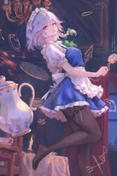  1girl absurdres apron blue_eyes bow braid breasts brown_pantyhose candle chandelier closed_mouth commentary curtains green_bow grey_hair hair_bow highres hjwhuhu impasto indoors izayoi_sakuya knife leg_up long_hair looking_at_viewer maid maid_headdress pantyhose pocket_watch puffy_short_sleeves puffy_sleeves short_sleeves smile solo standing standing_on_one_leg teapot touhou tray twin_braids waist_apron watch white_apron window 